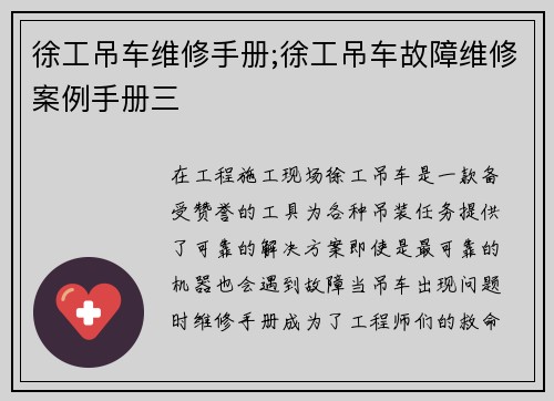 徐工吊车维修手册;徐工吊车故障维修案例手册三
