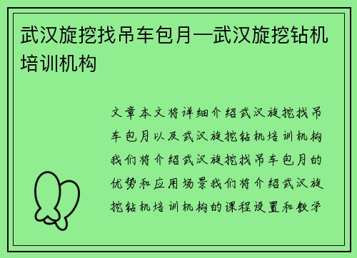 武汉旋挖找吊车包月—武汉旋挖钻机培训机构